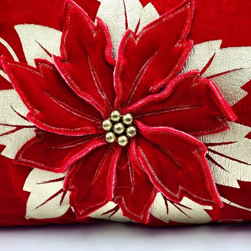 VTG Red & Gold Velvet Christmas Throw Pillow With Poinsettia Design Embroidery